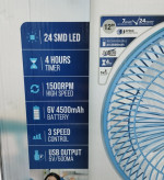 پنکه شارژی با تایمر ۴ ساعته و نور LED