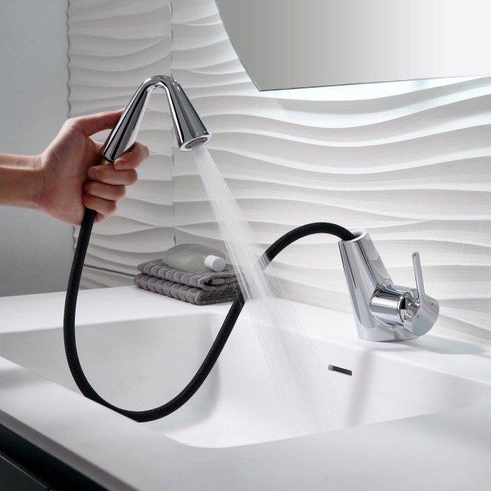 طراحی کشیدنی (Pull-Out) شلنگ شیر روشویی HS546 هایشن در حالت بیرون آمده.