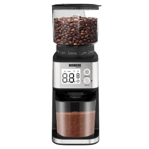 نمای روبرو آسیاب قهوه بیسمارک مدل BM4475 در کنار دستگاه اسپرسوساز