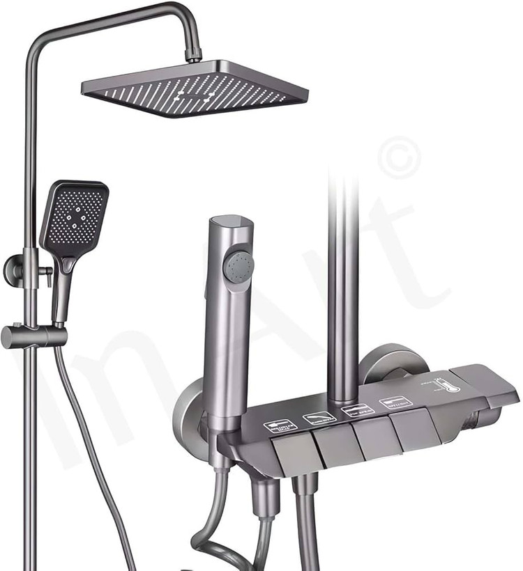 نمای کامل پنل دوش پیانویی و طبقات نظمدهنده حمام